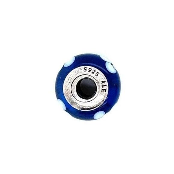 Pandor Blue Murano Glass White Flower Charm - Picture 3 of 3